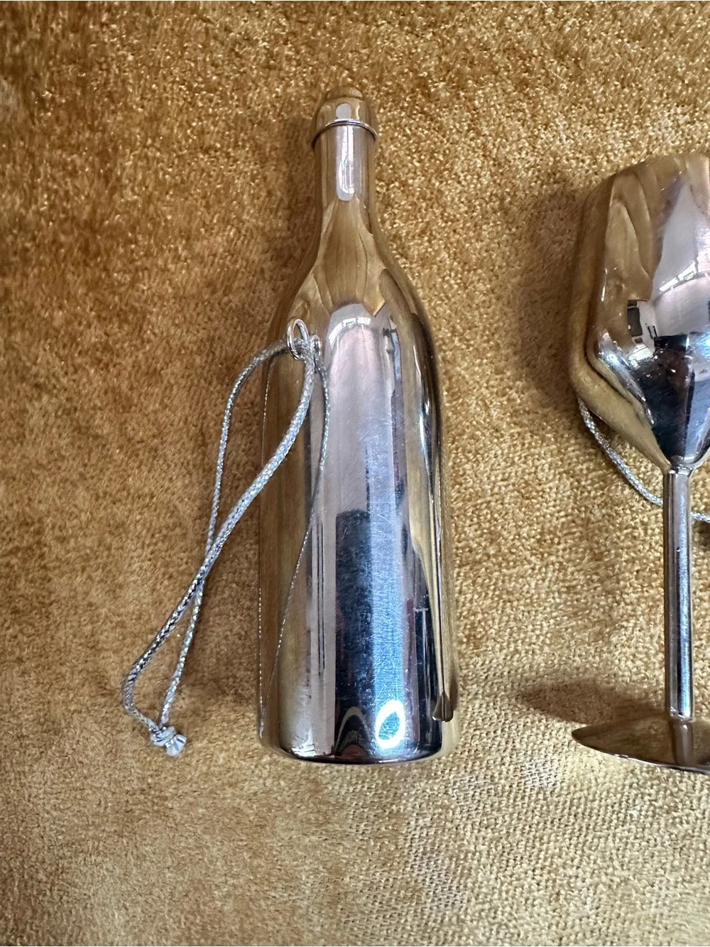 Crate&Barrel Silver Metallic Wine Bottle and Goblet Glass Ornaments